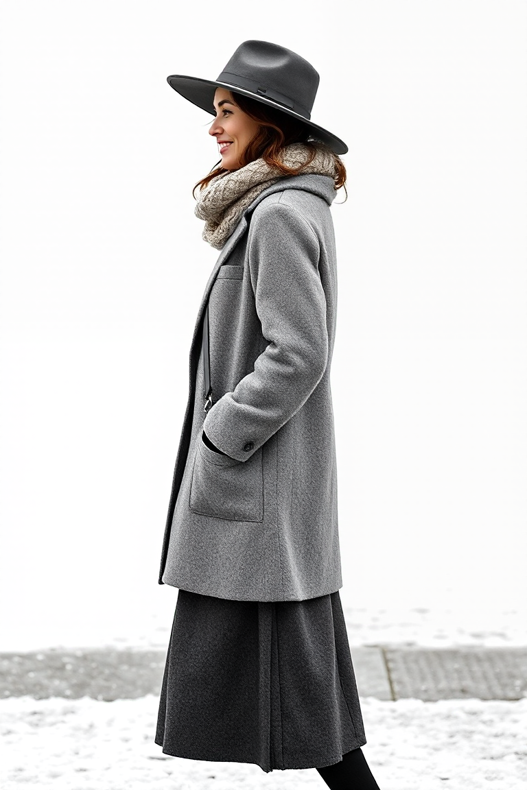 A woman in a grey fleece-lined coat, a ribbed turtleneck, and a midi wool skirt, standing on a snowy sidewalk