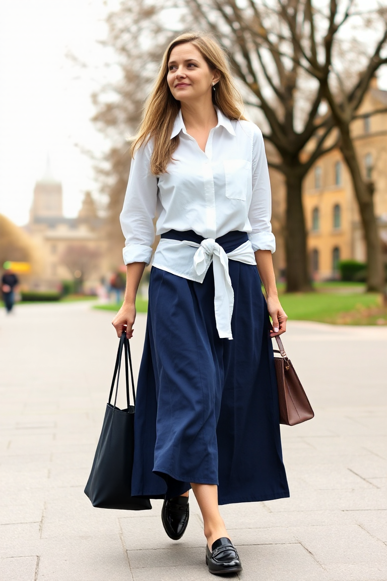 A woman in a navy A-line midi skirt with a crisp white button-down, black loafers, and a structured tote, walk