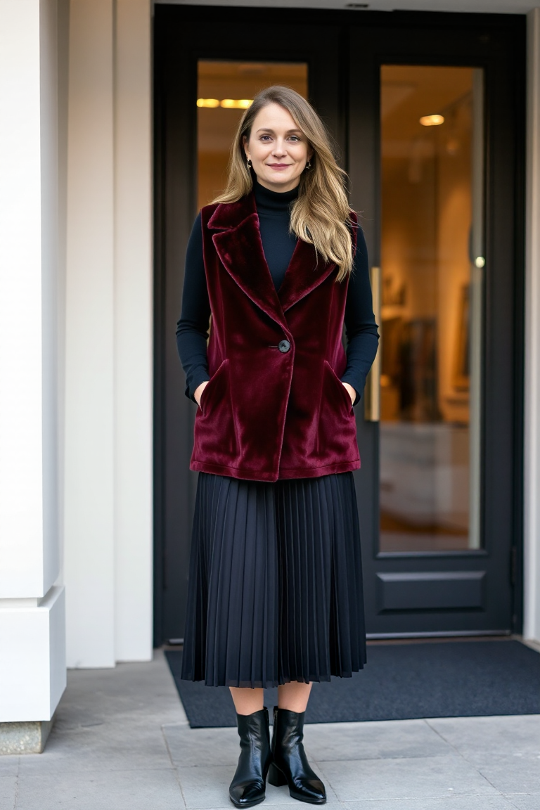 A woman wearing a deep burgundy velvet waistcoat over a black turtleneck, with a midi black pleated skirt and