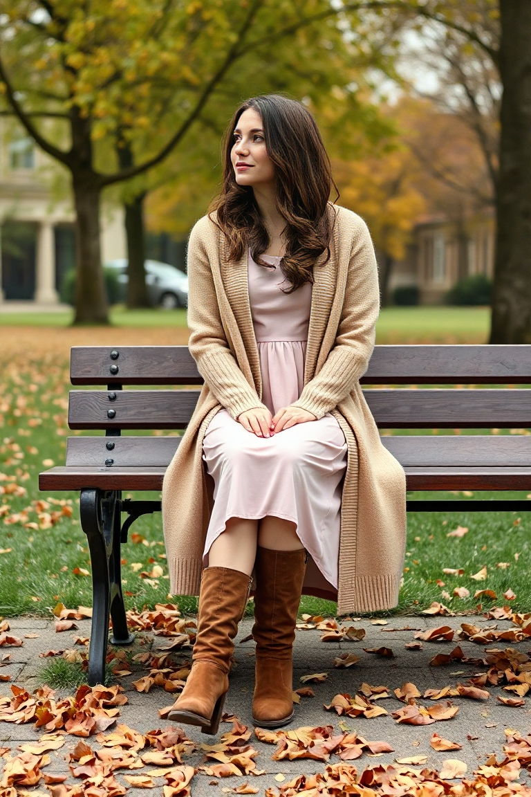 A woman sitting on a wooden bench in a park, wearing a oatmeal long cardigan over a pastel pink midi dress, wi