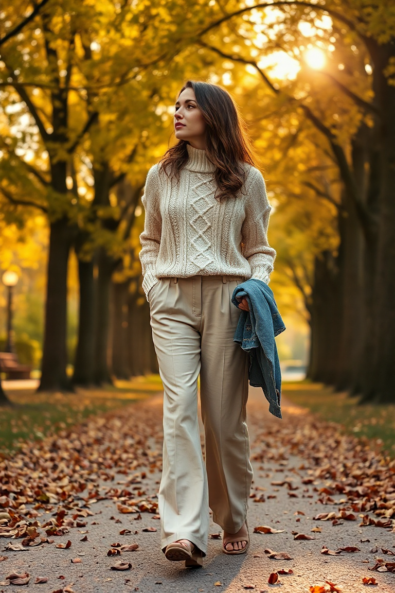 A woman in wide-leg beige trousers and a cream knit sweater walks through a leafy park in autumn, golden sunli