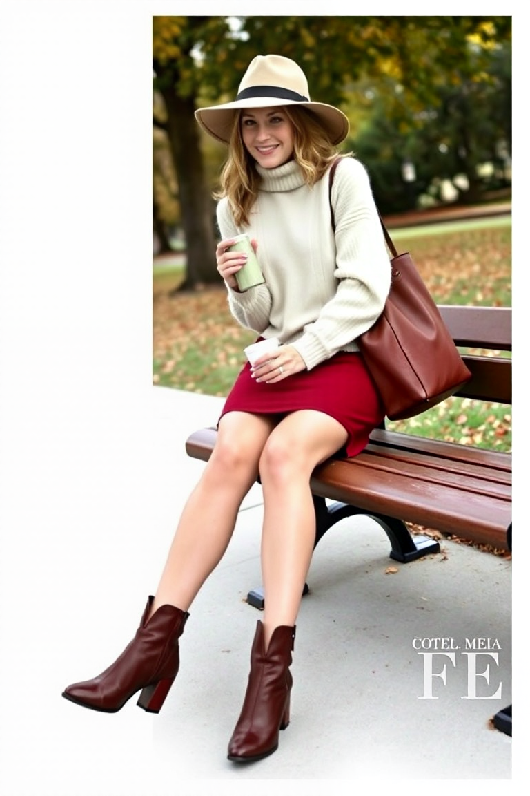A woman in a burgundy pencil skirt, cream oversized sweater, and ankle boots, sitting on a park bench with a c