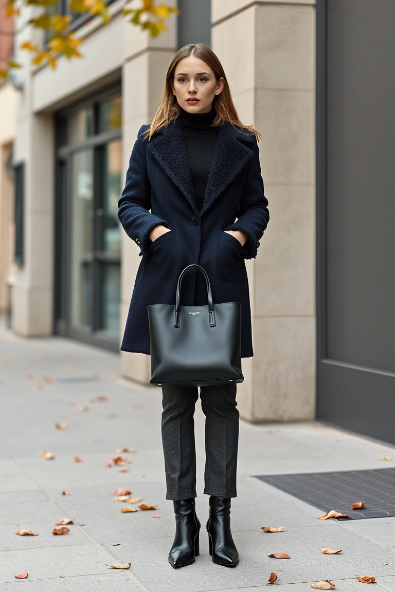 A woman standing on a city sidewalk in a navy fleece-lined coat, styled with a black turtleneck, high-waisted