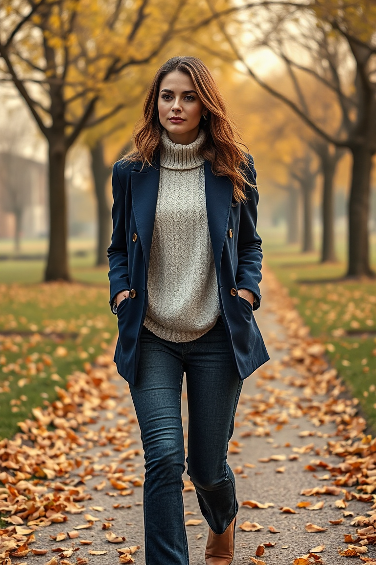A woman in a navy blue blazer coat layered over a cream knitted sweater and dark washed jeans, walking through