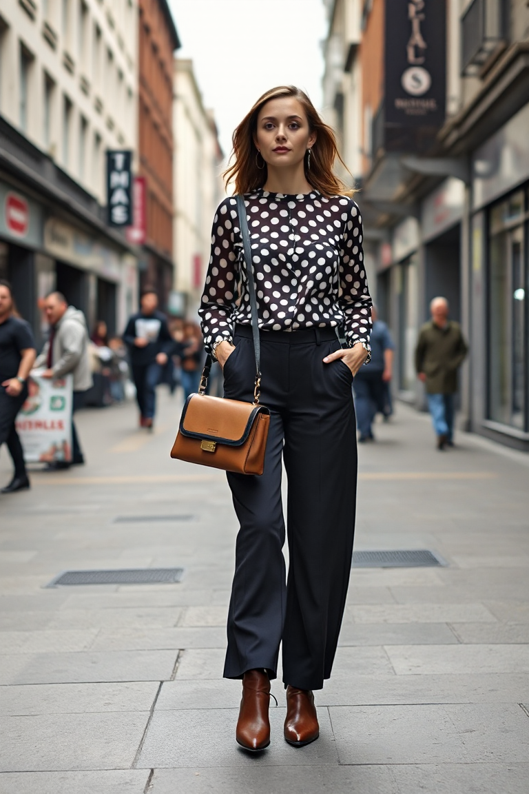 A woman walking through a bustling London street wearing a bold polka-dot blouse with wide-leg trousers in a c