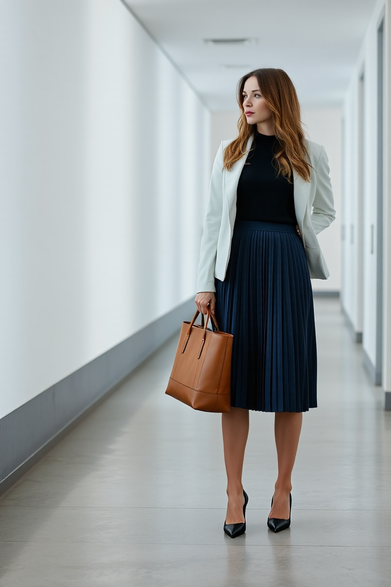 A woman in a navy blue pleated midi skirt and a white structured blazer, holding a leather tote, standing in a
