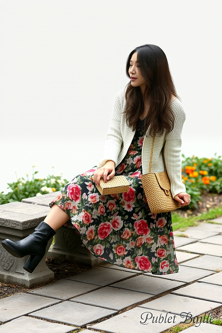 A woman in a floral midi skirt with a cream knit cardigan, black ankle boots, and a woven tote bag, sitting on
