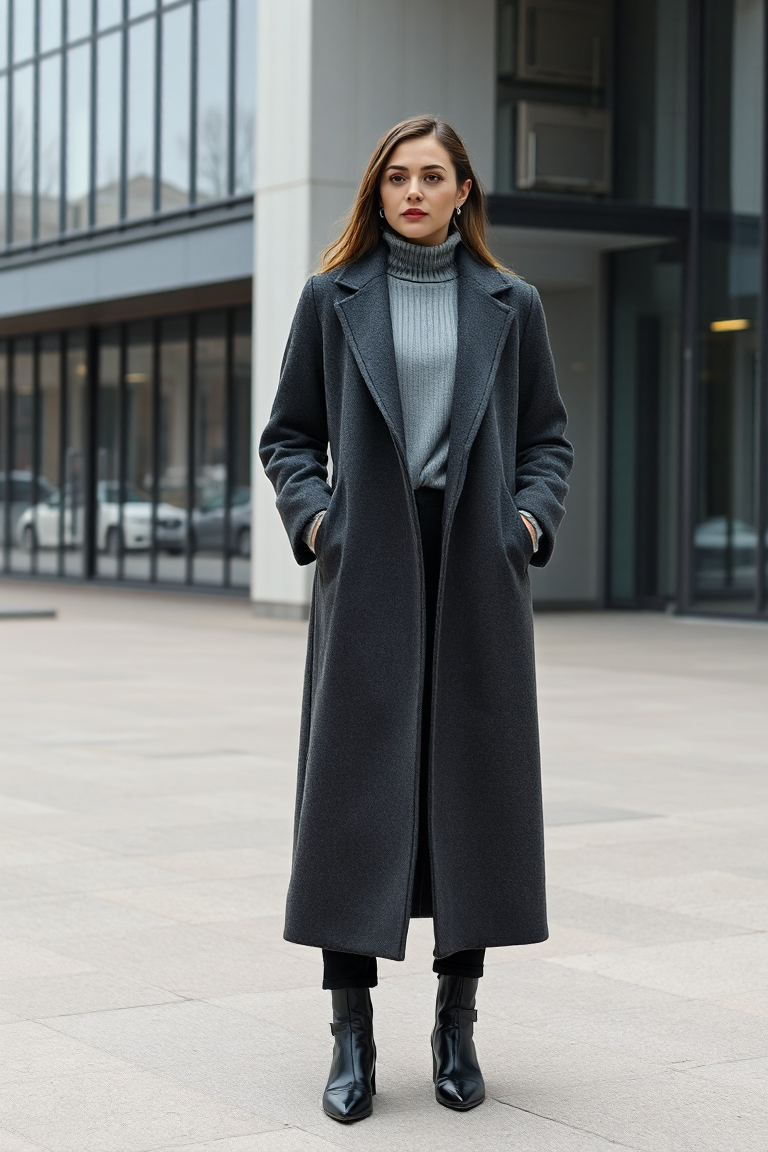 A woman in a charcoal long-line coat layered over a turtleneck and a wool cardigan, standing near a modern bui