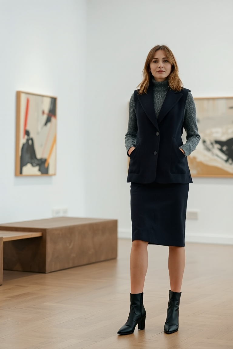 A woman in a fitted navy waistcoat layered over a fine-knit turtleneck, paired with a midi skirt and ankle boo