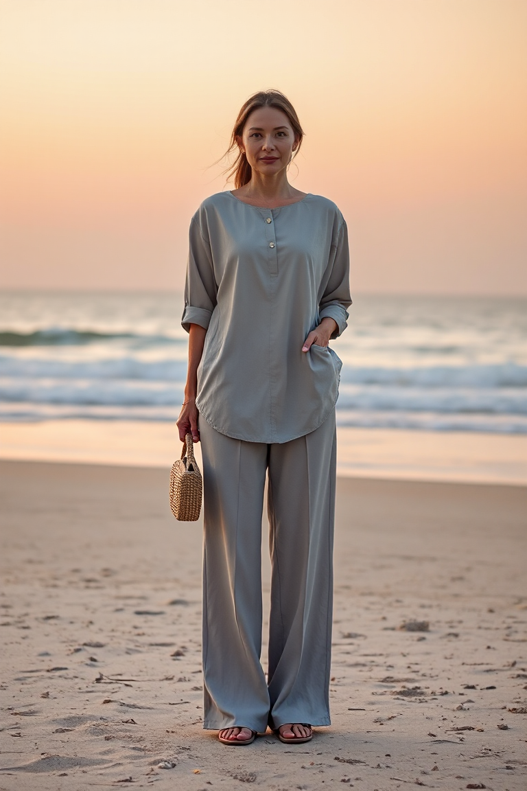 A woman in a light grey tunic and wide-leg trousers, standing on a beach at sunset with the ocean behind her,