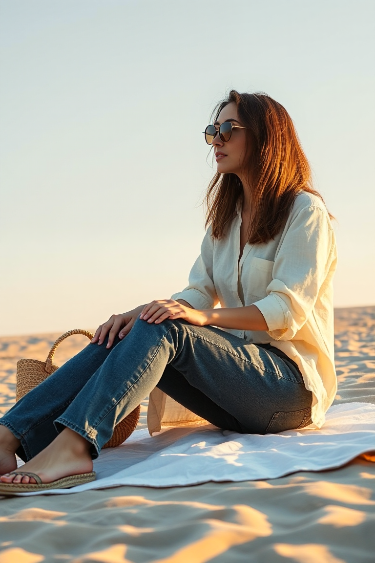 A woman in a medium-wash mom jeans, a longline cream linen shirt, and espadrille wedges, sitting on a beach bl
