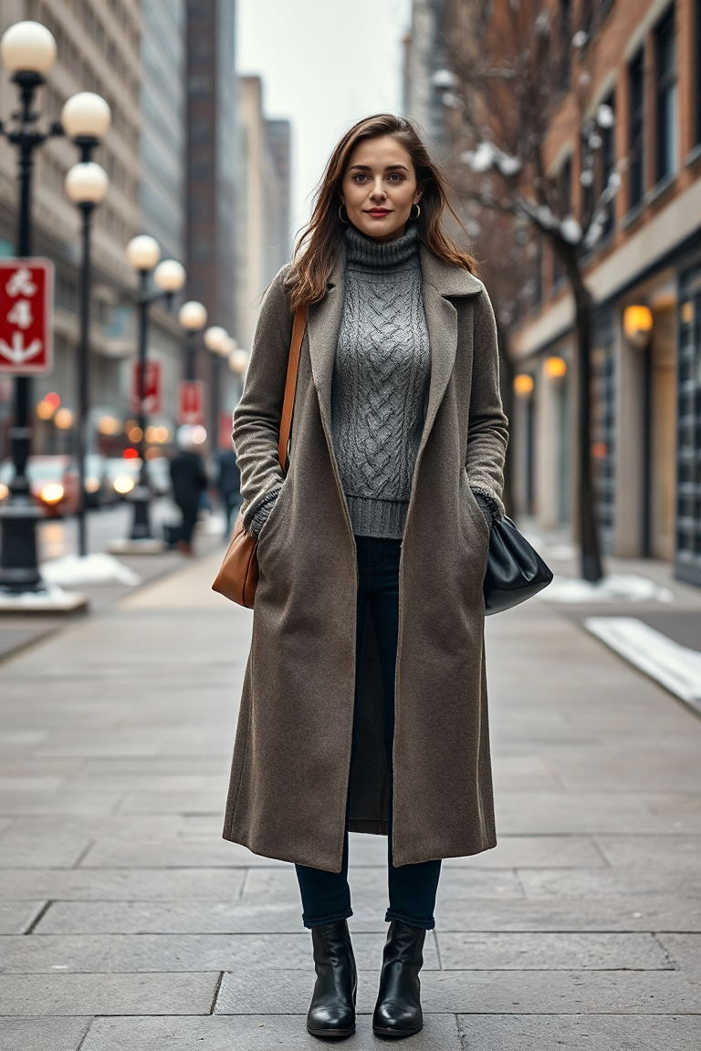 A woman in a long-sleeved thermal shirt, a fitted cable-knit sweater, and a knee-length wool coat stands on a