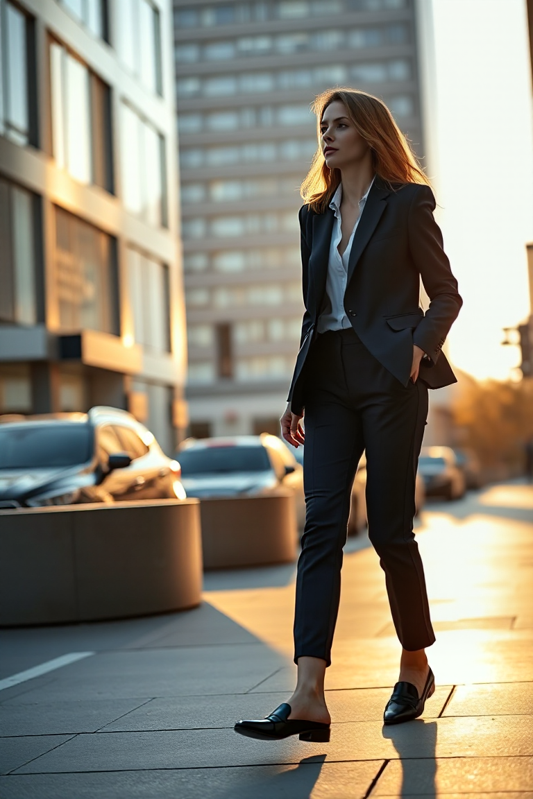 A woman in a tailored cropped trouser in navy, worn with a tailored blazer, a crisp white button-down, and bla