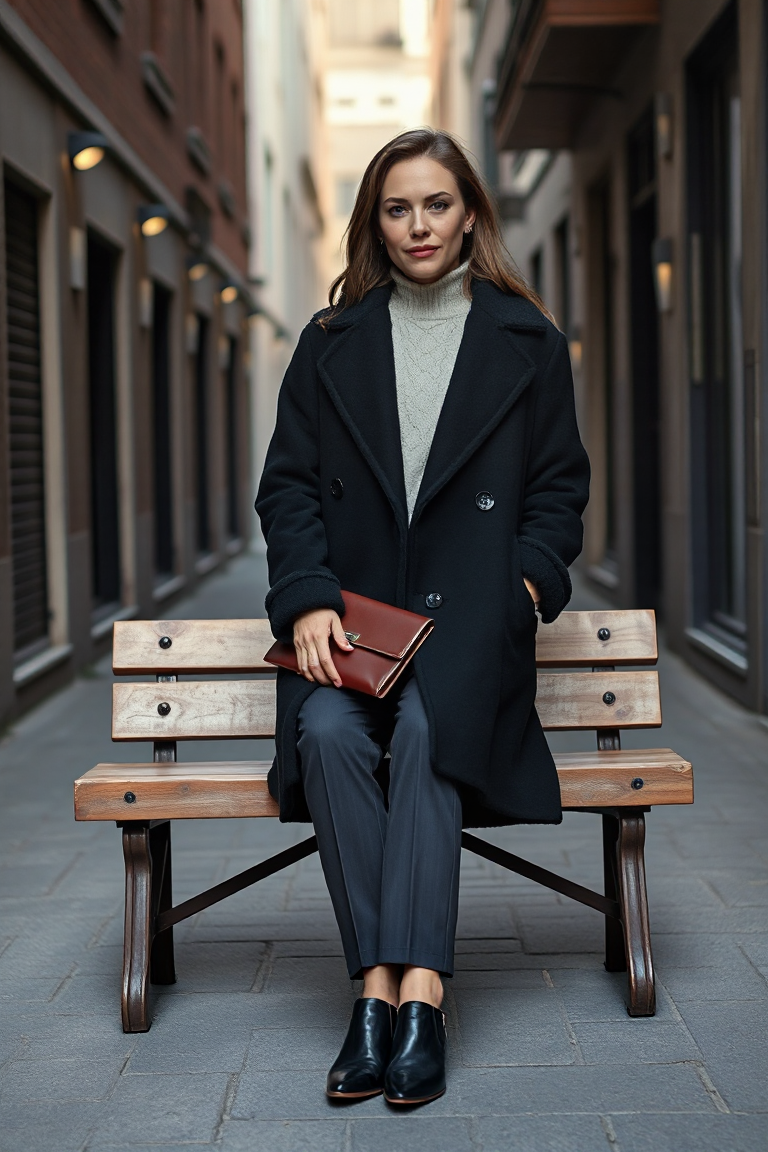 A woman in a black fleece-lined coat, a cream sweater, and tailored trousers, sitting on a wooden bench in a q