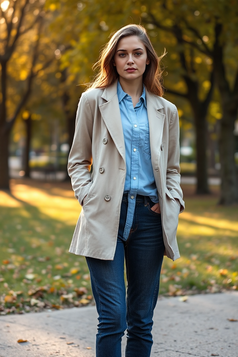 A woman in a beige cotton-linen blazer coat layered over a light blue button-down shirt and dark wash jeans, s