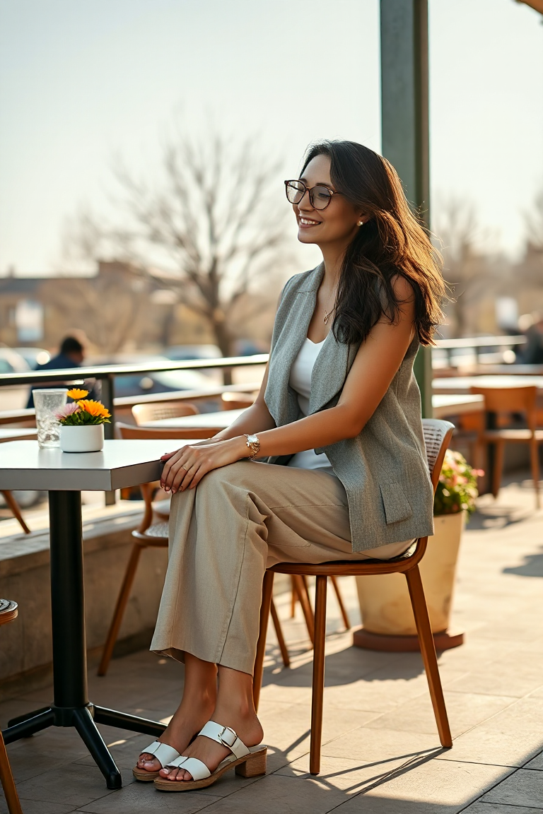 A woman in a light grey linen waistcoat over a white sleeveless top, paired with beige tailored trousers and w