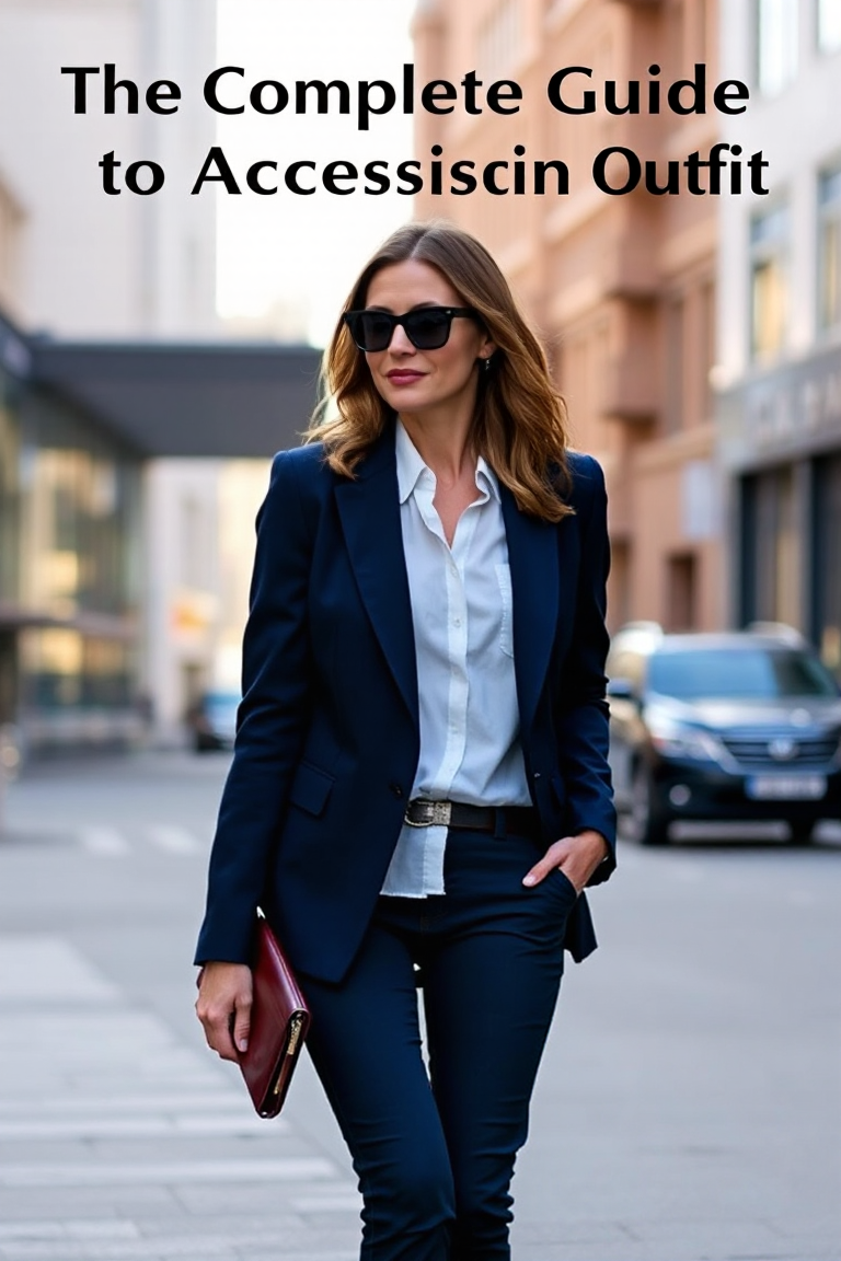 A woman in a navy blue tailored blazer, white blouse, and a burgundy clutch walking through a modern city stre