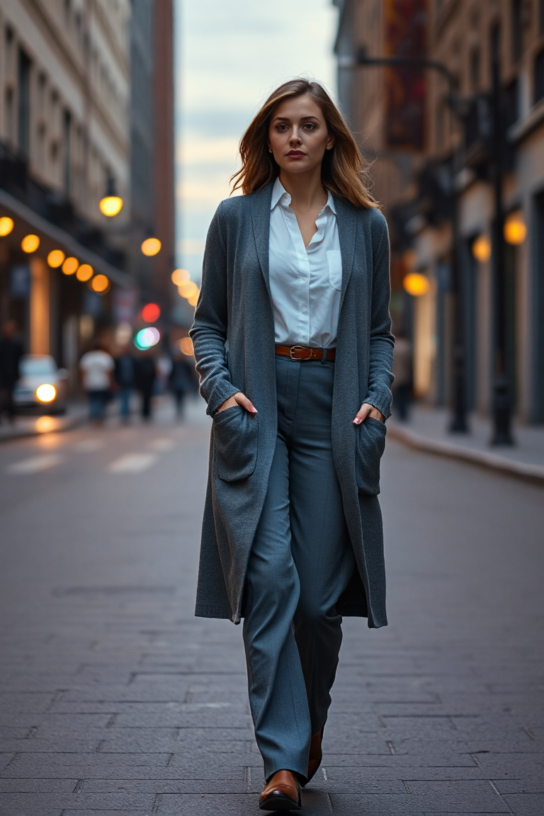 A woman walking through a city street at dusk, wearing a grey long cardigan over a white blouse and tailored g