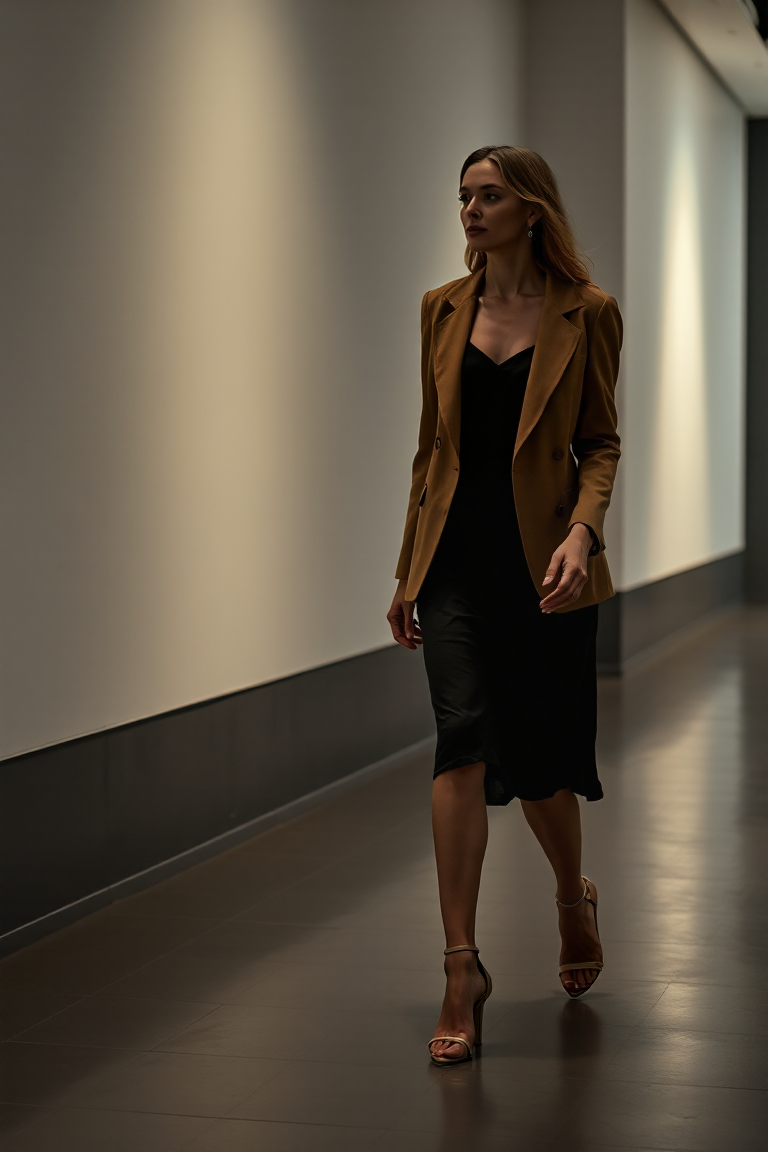 A woman in a fitted camel blazer, black silk slip dress, and strappy heels, walking through a dimly lit galler