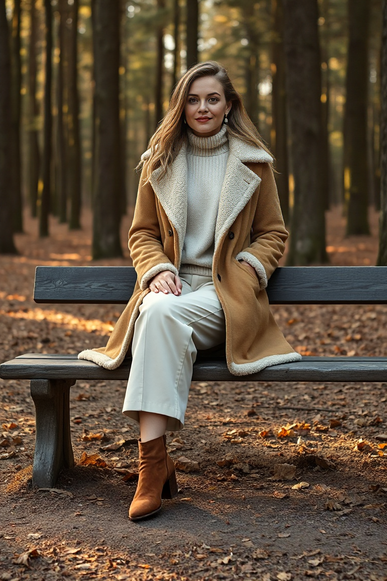 A woman sitting on a wooden bench in a forest in a camel fleece-lined coat, layered over a cream cashmere swea