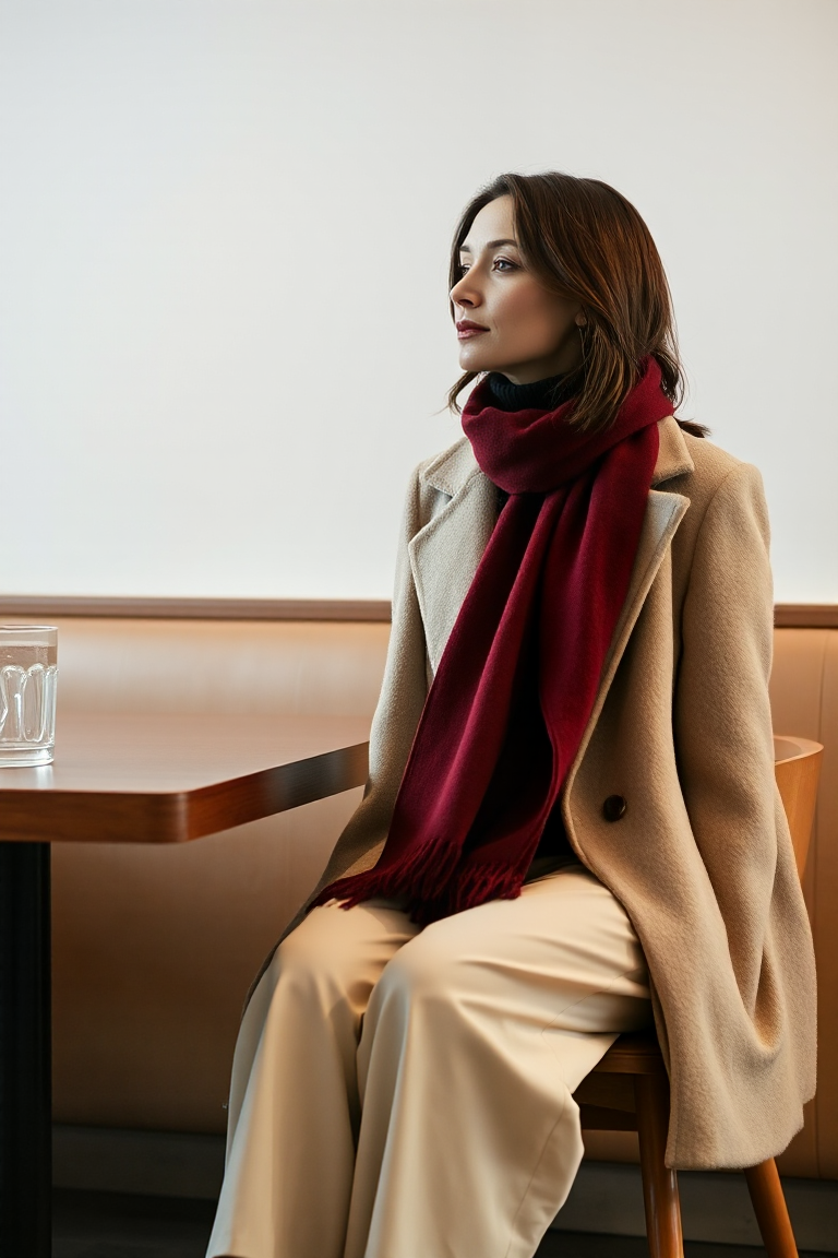 A woman seated in a modern café, wearing a cashmere coat over a deep navy turtleneck and cream wide-leg trouse