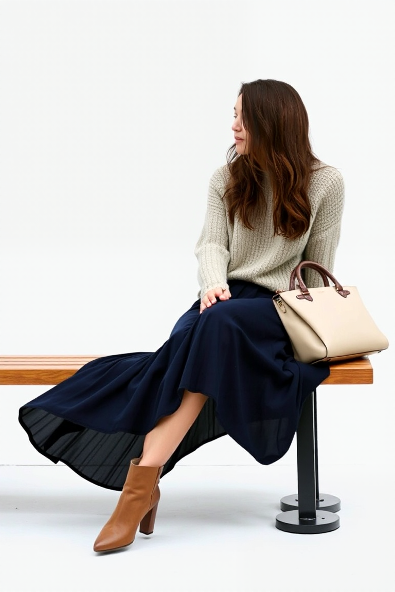 A woman sitting on a bench in a soft oatmeal knit sweater, a flowing navy midi skirt, and taupe ankle boots, w