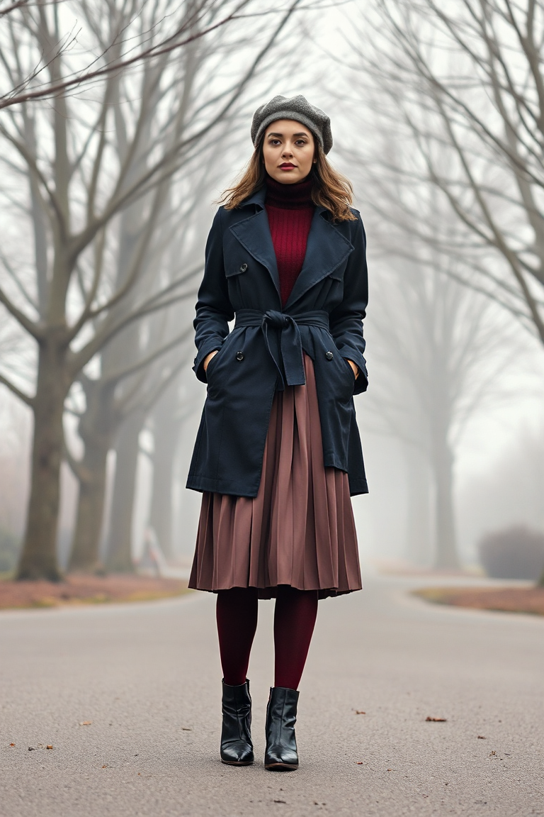 Full-body fashion photograph of a stylish woman in a navy trench coat cinched with a knotted belt, layered ove