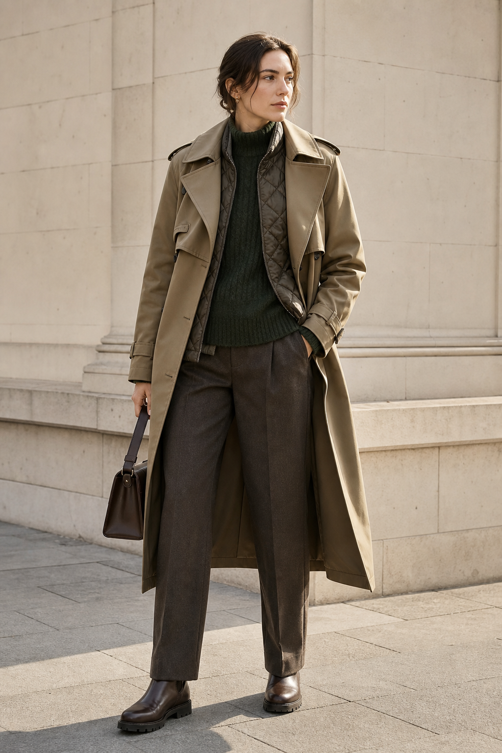 Full-body fashion photograph of a poised woman wearing a khaki trench coat open over a quilted gilet, chunky f