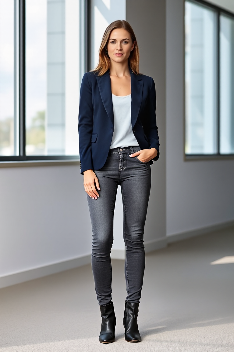 A woman wearing a navy blue blazer paired with grey skinny jeans and ankle boots, standing confidently in a mo