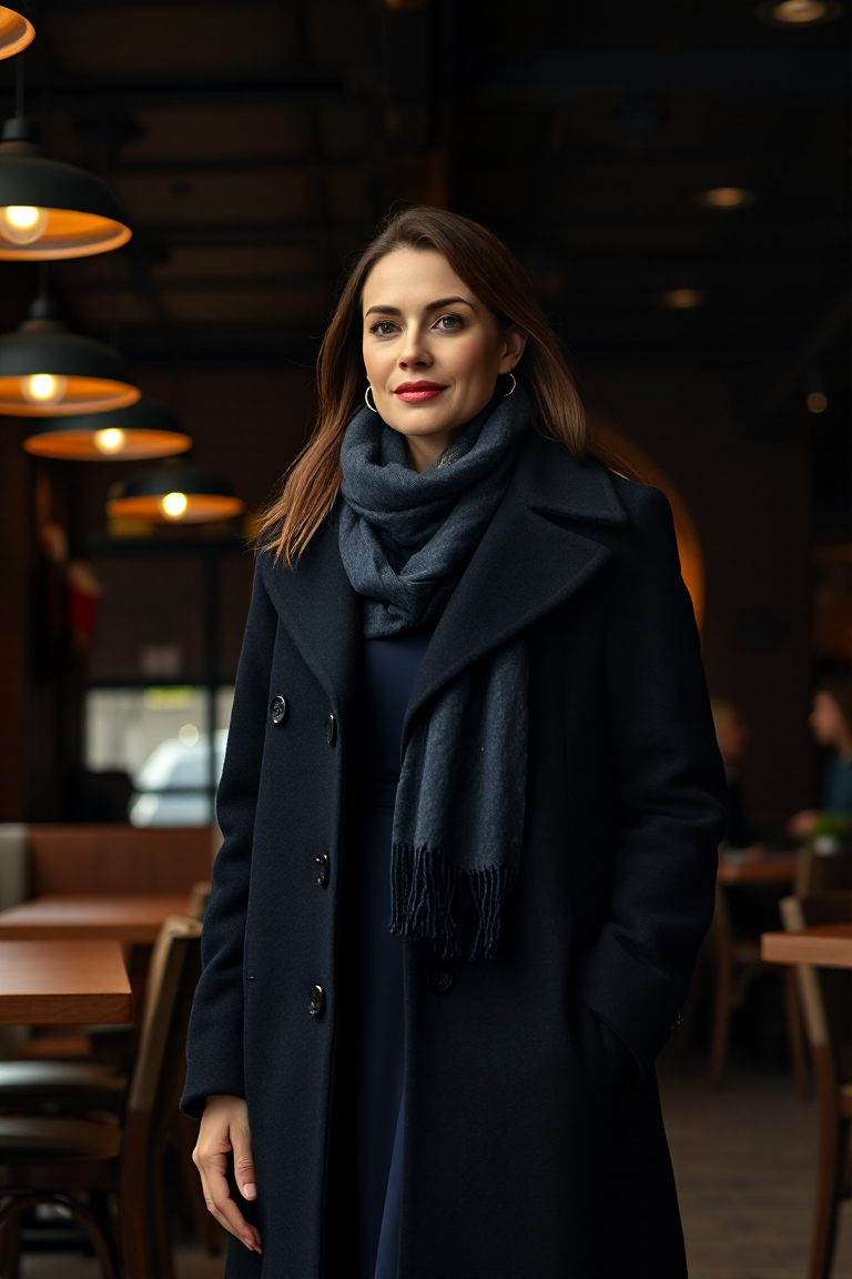A woman in a classic black wool coat, paired with a navy blue dress and a matching scarf, standing in a dimly