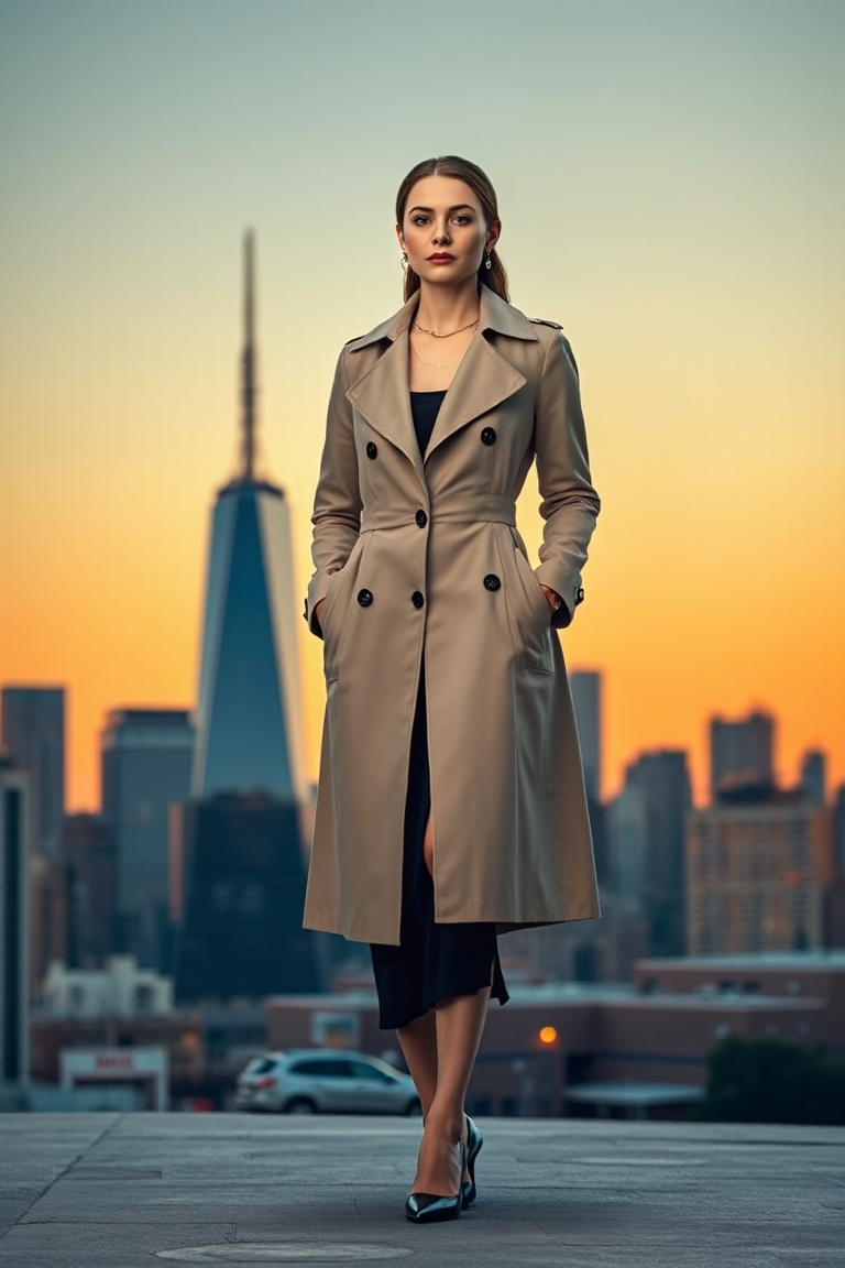 A woman wearing a classic single-breasted trench coat, paired with a black dress and heels, standing in front