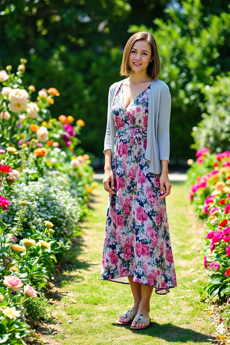 : A woman in a floral midi dress, standing in a sunlit garden, surrounded by blooming flowers and lush greener