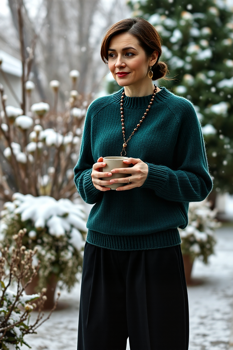 A woman in a deep emerald green cashmere sweater and black wide-leg trousers, standing in a softly lit winter