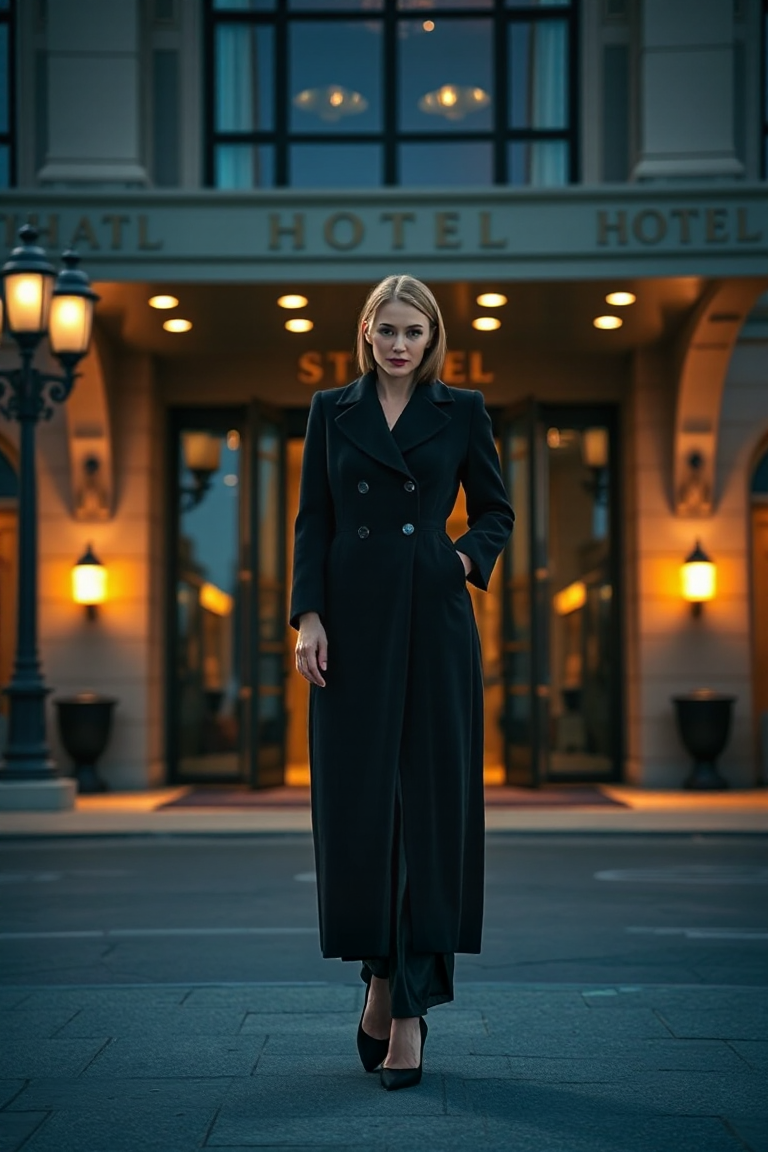 A woman in a long black wool coat, double-breasted with wide lapels, standing in front of a grand hotel entran