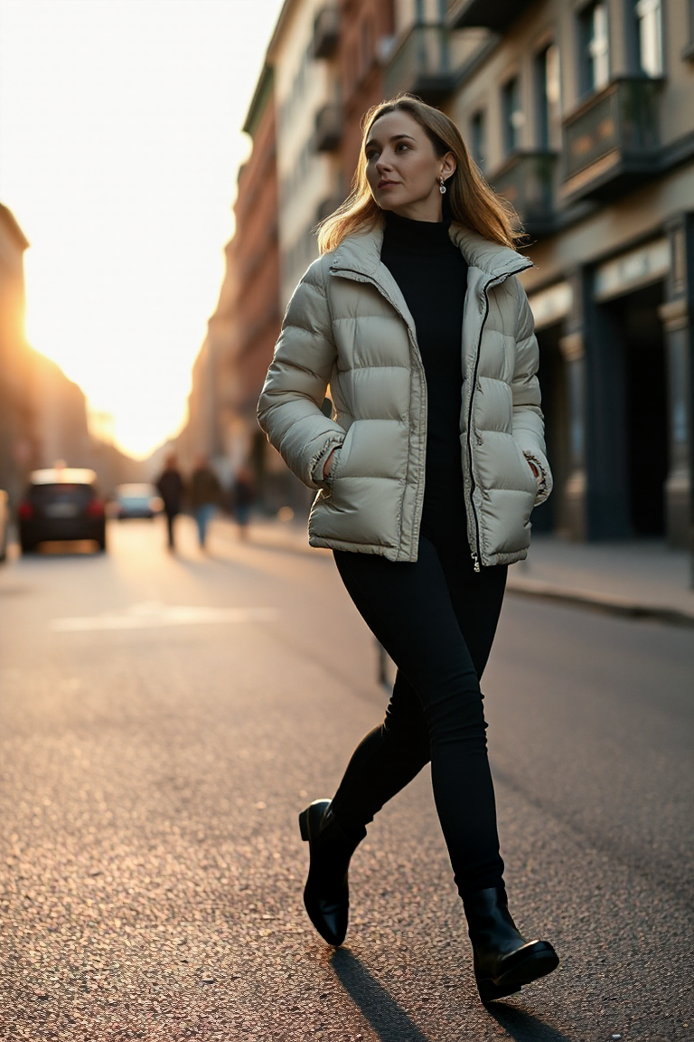 A woman in a cream puffer jacket, black turtleneck, slim black trousers, and black ankle boots, walking throug