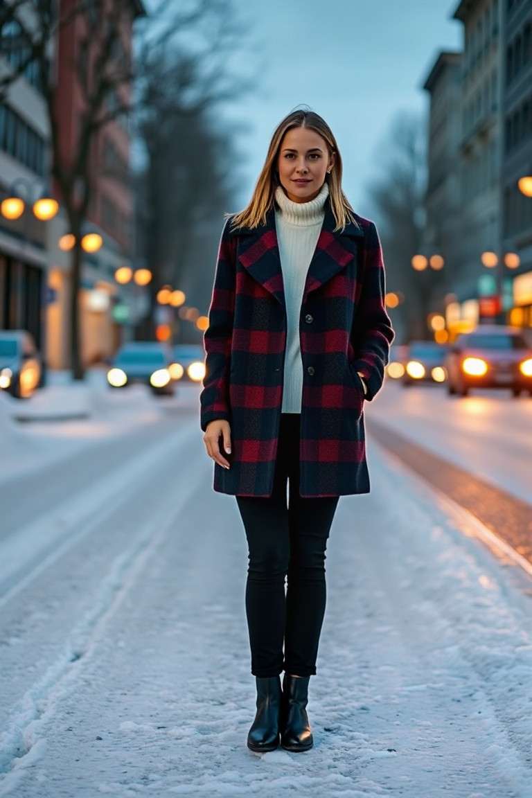 A woman in a knee-length navy and red tartan coat, white turtleneck, black straight-leg jeans, and black ankle