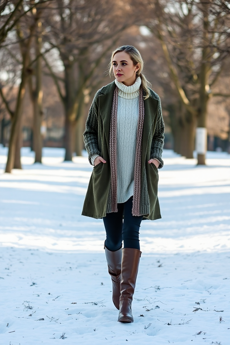 A woman walking through a snowy park in a layered winter outfit, wearing a cream turtleneck under a chunky kni