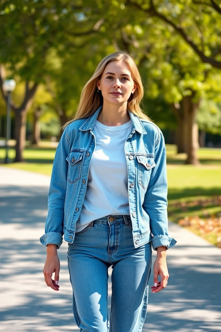 A woman in a light denim jacket, white t-shirt, and straight-leg jeans, walking through a sunlit park on a spr