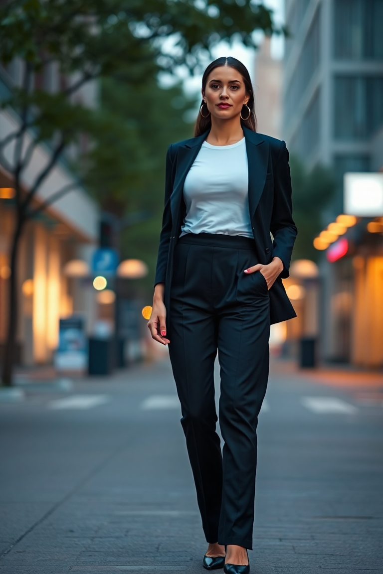 A woman in a fitted white cotton t-shirt, tucked into high-waisted black tailored trousers, wearing a sleek bl