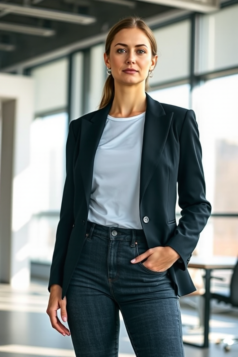 A woman wearing a plain white t-shirt underneath a tailored black blazer and high-waisted jeans, standing in a