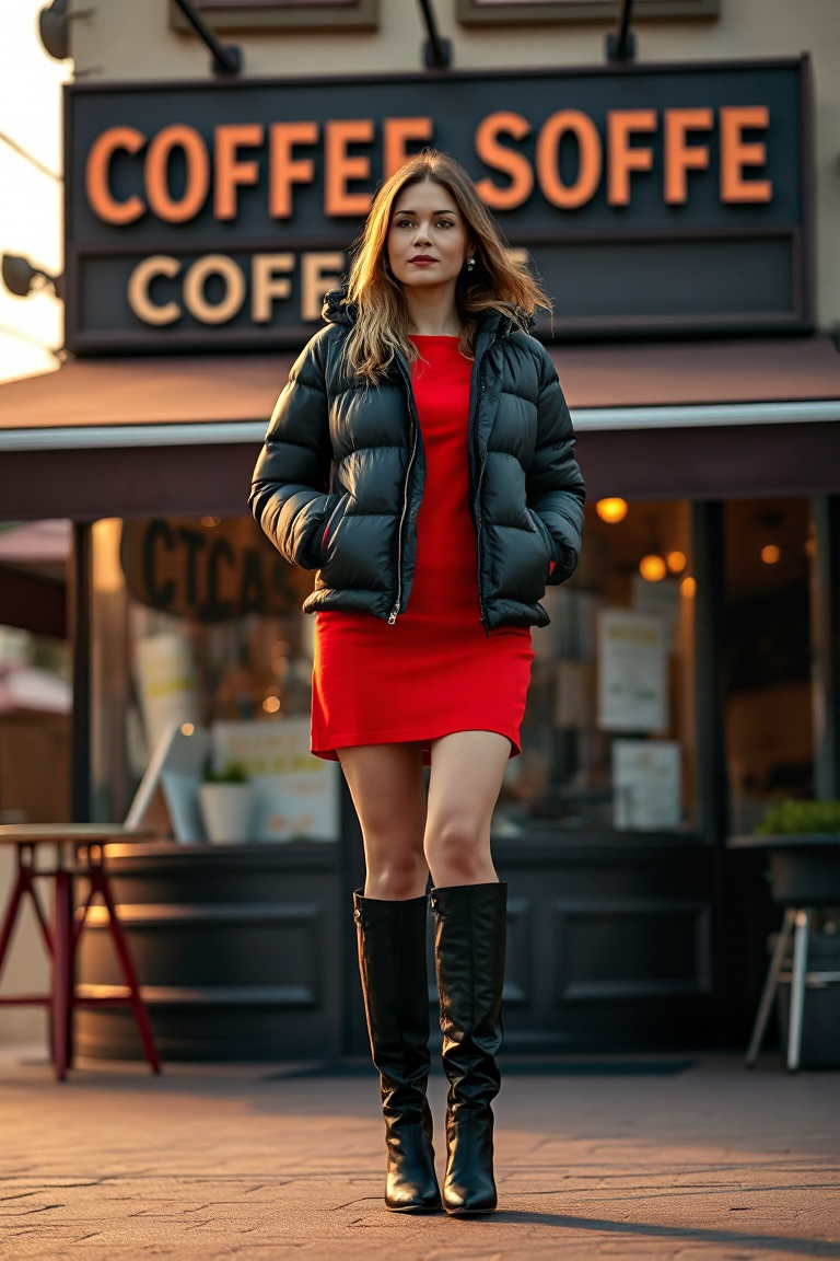 A woman in a black puffer jacket paired with a bright red dress and black knee-high boots, standing in front o