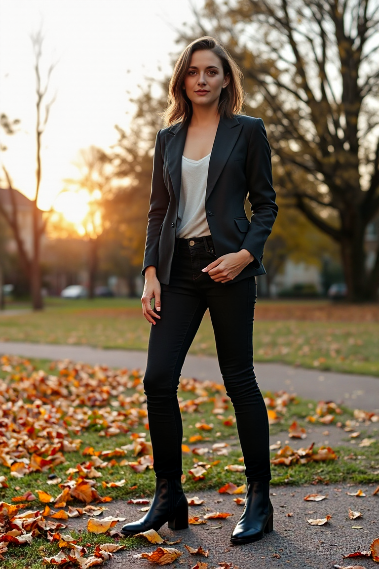 A woman in a tailored blazer, black jeans, and a pair of Chelsea boots, standing confidently in a crisp autumn