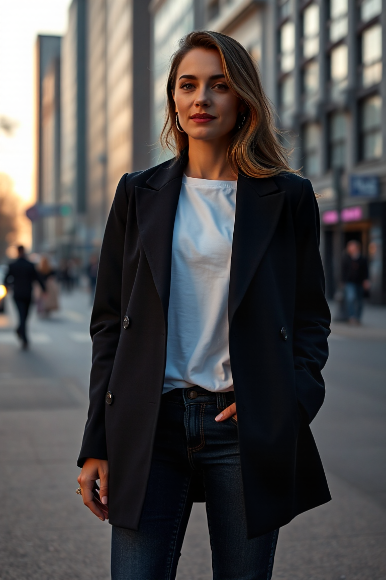 A woman in a black formal coat, paired with dark blue jeans and a white t-shirt, standing on a city street at
