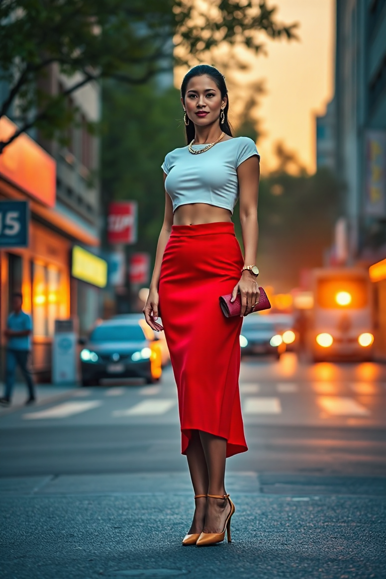 A woman standing confidently in a vibrant red midi skirt and a white crop top, accessorised with a gold chain