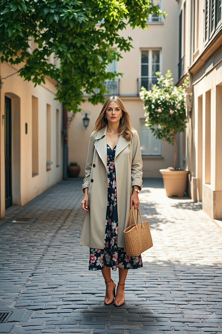 A woman standing in a sunlit Parisian courtyard wearing a high-waisted floral midi dress with a structured bei