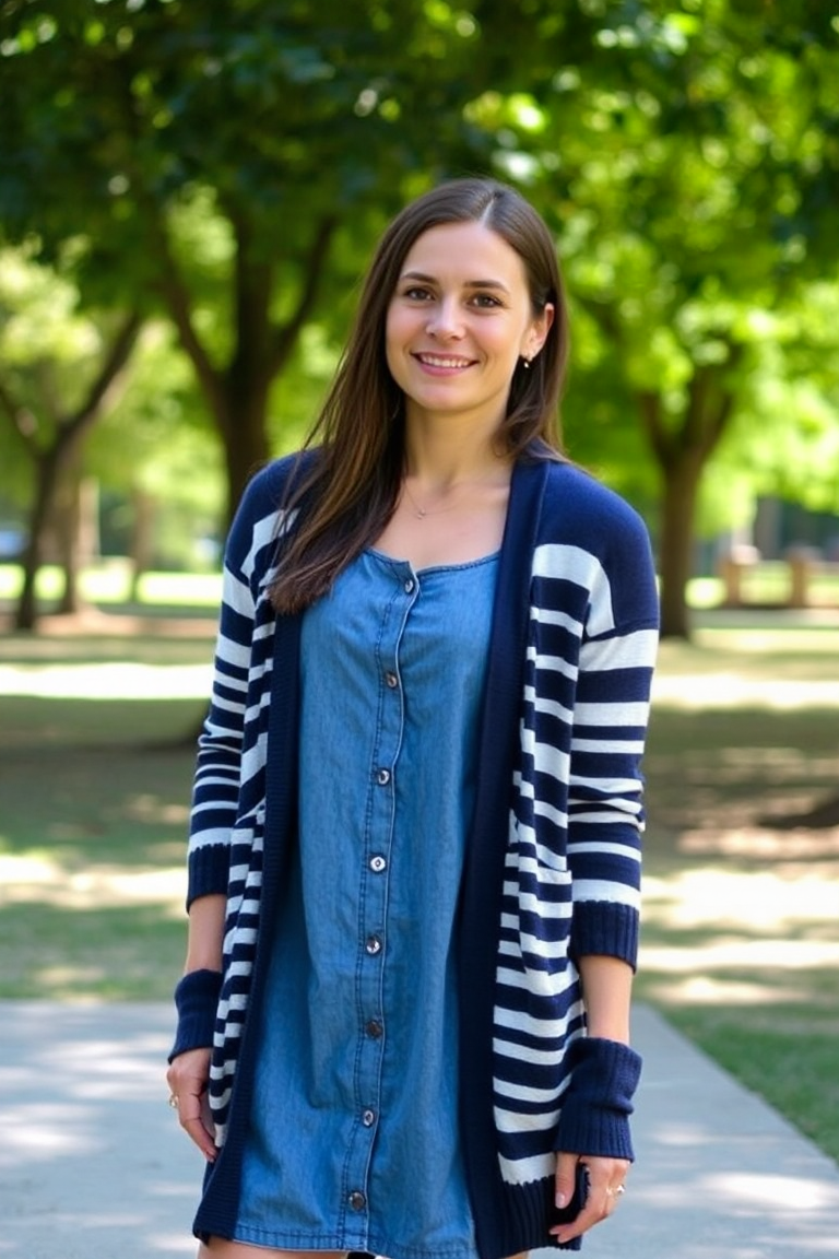 A woman in a medium-wash denim dress layered with a navy and white striped cardigan, standing in a sunlit park