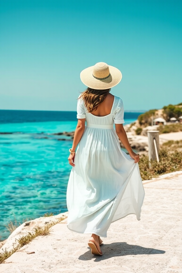 A woman in a flowing white linen dress with a wide-brimmed straw hat, walking along a sunny coastal path with