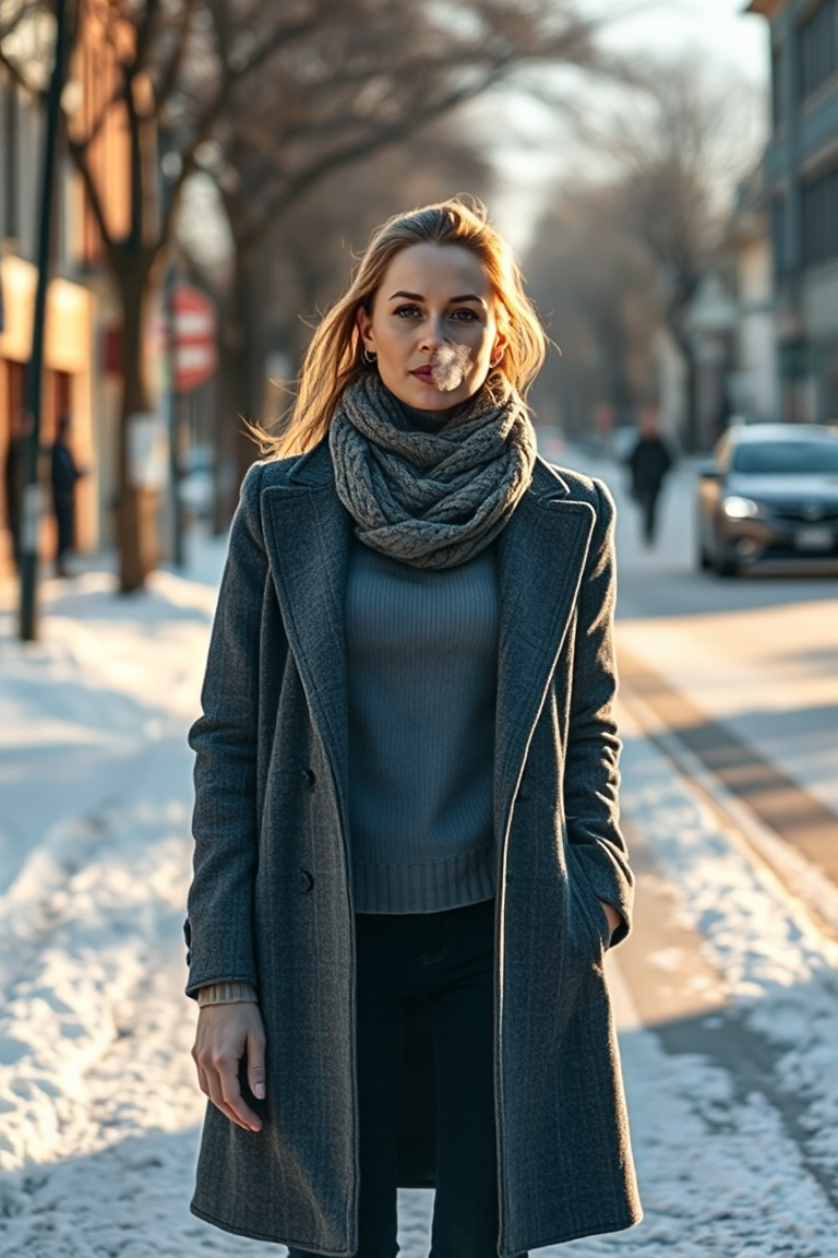 A woman in a slim-fit thermal base layer, a fitted wool sweater, and a tailored coat stands on a snowy street