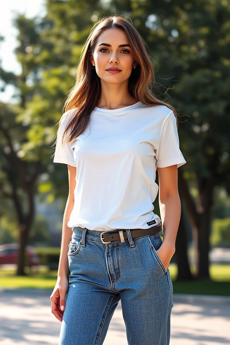 A woman in a white t-shirt tucked into high-waisted straight-leg jeans, wearing a thin belt, standing in a sun