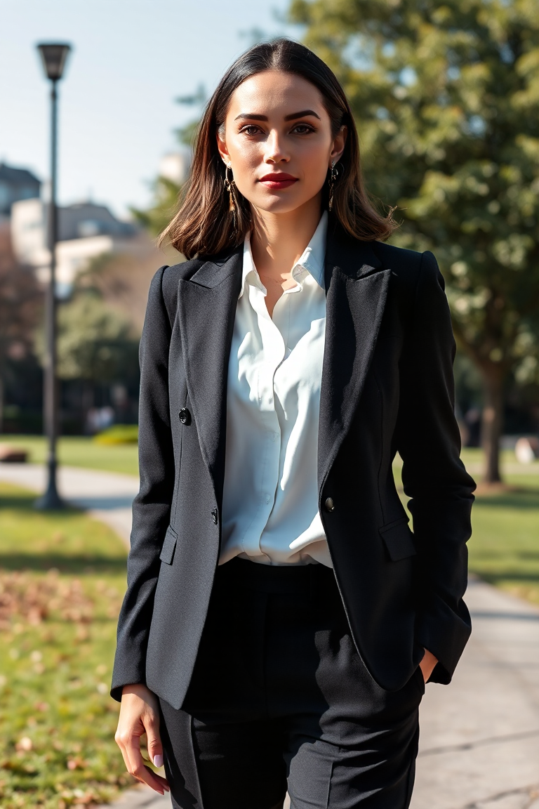 A woman in a fitted black wool blazer, white silk blouse, and tailored black trousers standing in a sunlit urb